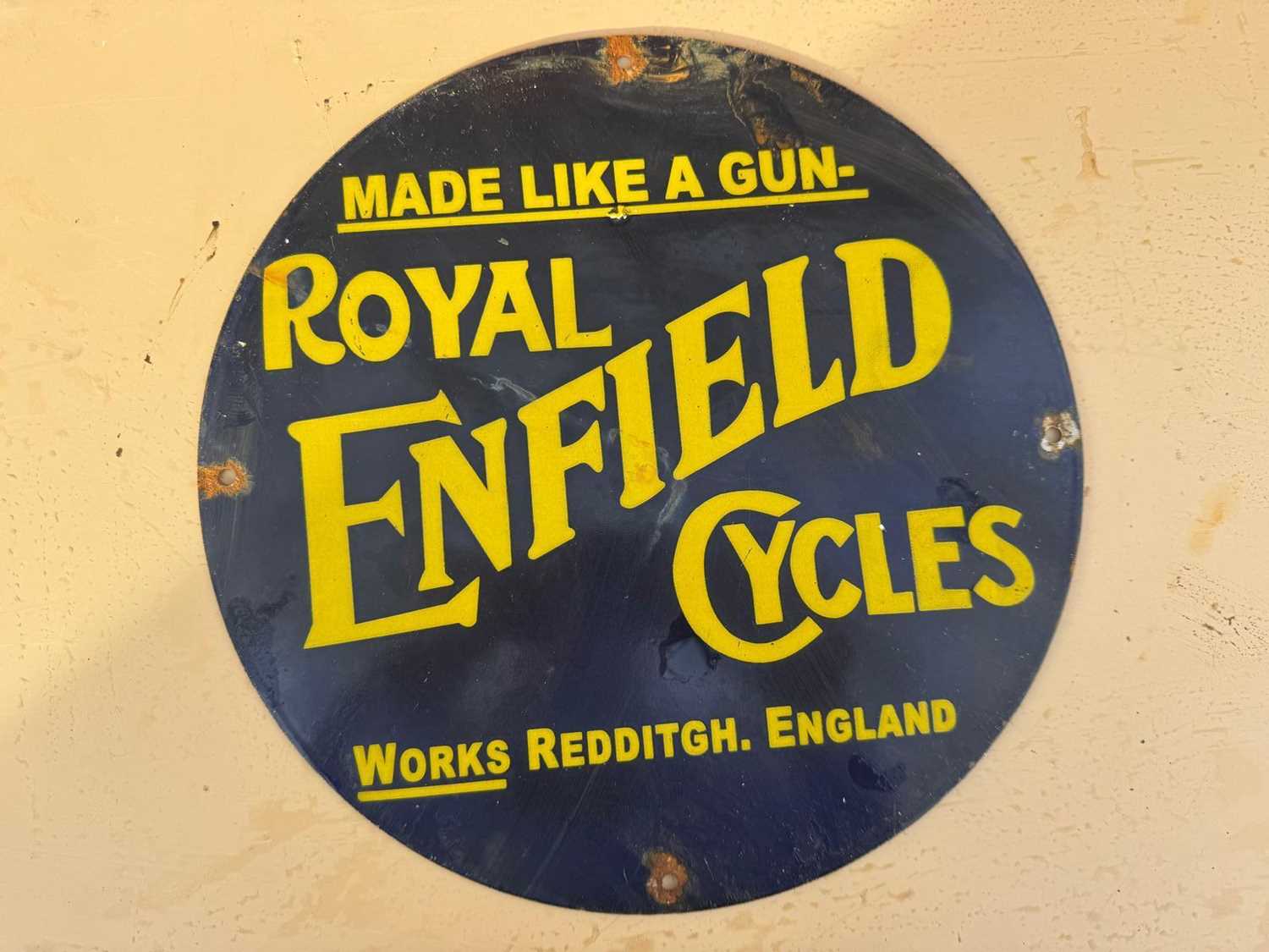 Lot 53 - ROYAL ENFIELD CYCLES REPRODUCTION ENAMEL SIGN 12" DIA