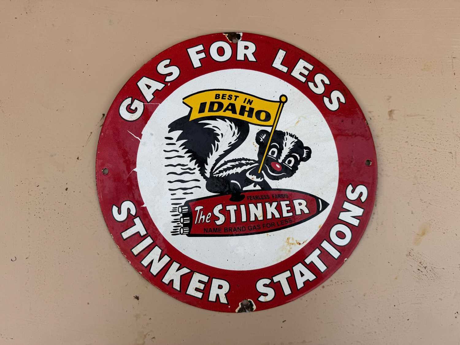 Lot 95 - GAS FOR LESS ENAMEL REPRODUCTION SIGN 12" DIA