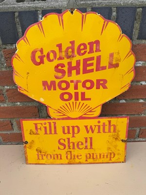 Lot 113 - GOLDEN SHELL MOTOR OIL ENAMEL REPRODUCTION SIGN 24" X 17.5"