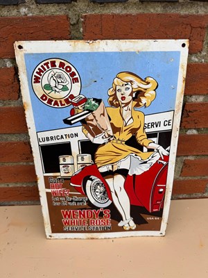 Lot 129 - WENDY'S WHITE ROSE SERVICE STATION ENAMEL REPRODUCTION SIGN 18" X 12"
