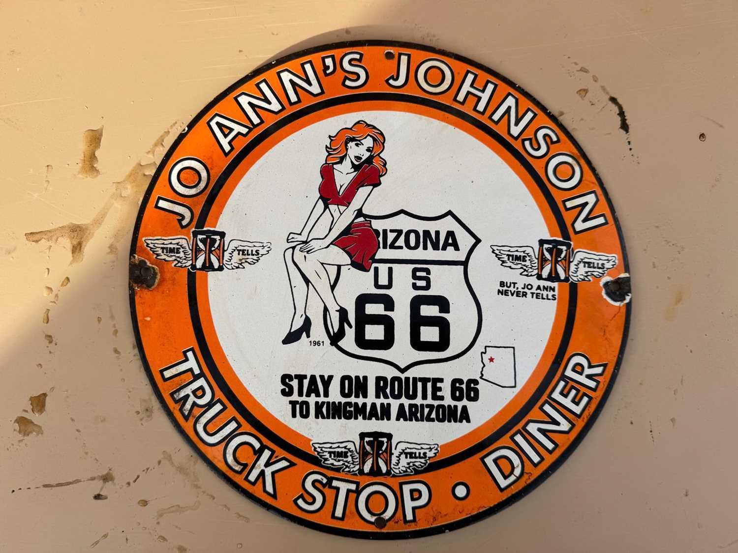 Lot 83 - ROUTE 66 TRUCK STOP & DINER ENAMEL REPRODUCTION SIGN 12" DIA