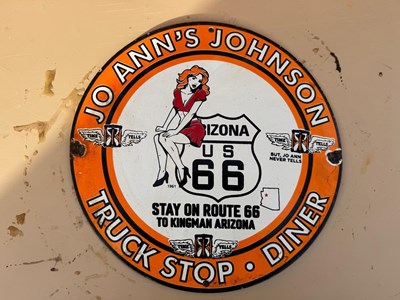 Lot 83 - ROUTE 66 TRUCK STOP & DINER ENAMEL REPRODUCTION SIGN 12" DIA