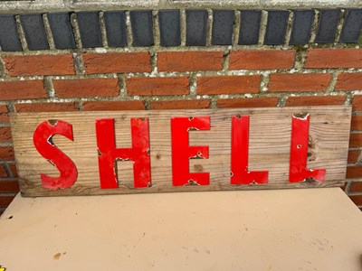 Lot 199 - REPRODUCTION ENAMEL SHELL SIGNS ON WOOD 47" X 12"