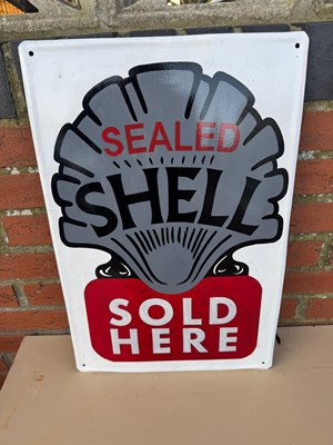 Lot 373 - SHELL SOLD HERE PAINTED METAL SIGN 15.5" X 23.5"