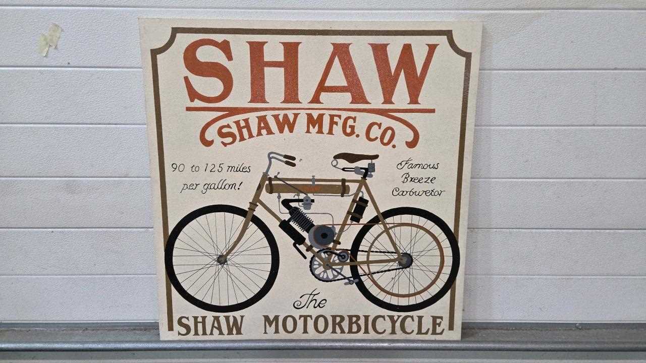 Lot 101 - WOODEN HAND PAINTED SHAW MOTOR CYCLE SIGN 33" X 28"