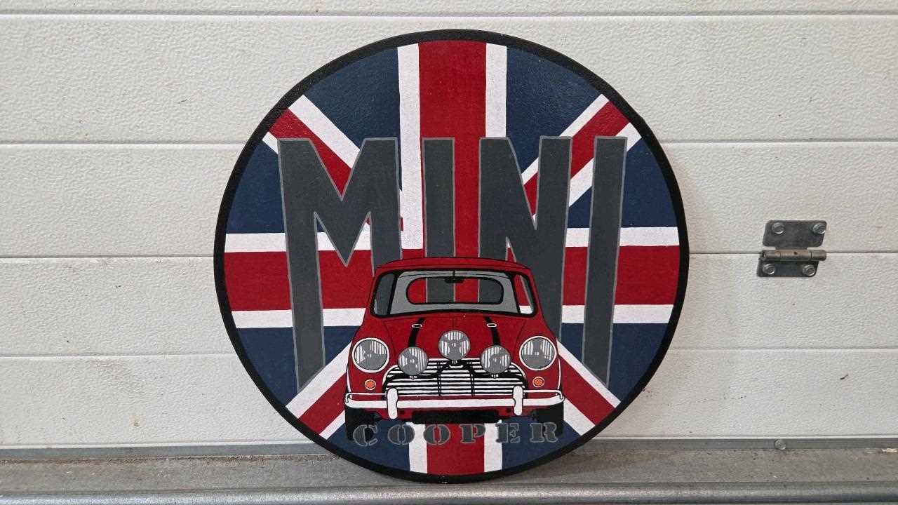 Lot 341 - WOODEN HAND PAINTED MINI COOPER SIGN 20
