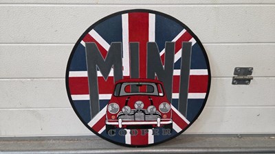 Lot 341 - WOODEN HAND PAINTED MINI COOPER SIGN 20" DIA