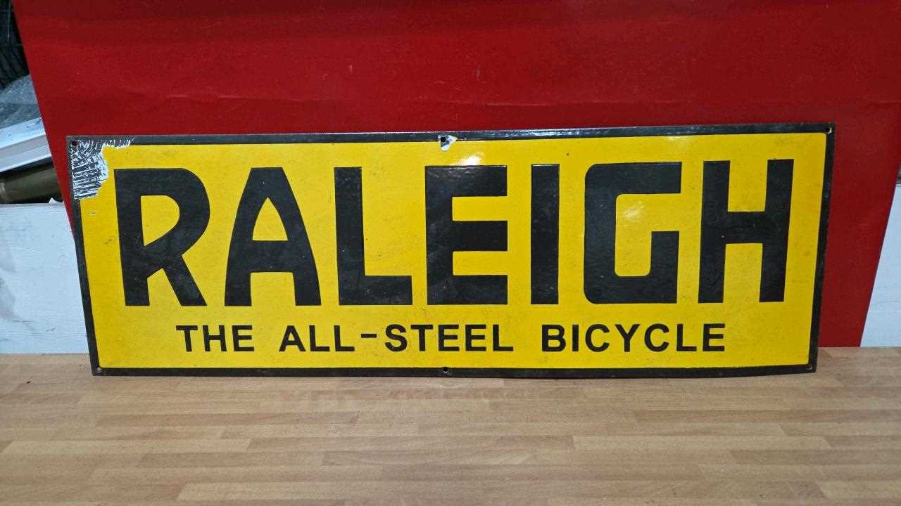 Lot 93 - RALEIGH ENAMEL REPRODUCTION SIGN 36" X 12"