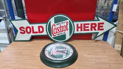 Lot 505 - HAND PAINTED CASTROL REPLICA CLOCK & WOODEN CASTROL SOLD HERE SIGN 60" X 17"