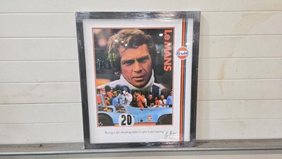 Lot 521 - STEVE Mc QUEEN " LE MANS GULF " FRAMED PICTURE 30" X 25"
