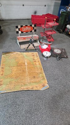 Lot 755 - 2 X WALL MOUNTED GARAGE FORECOURT AIR METERS , + BOX OF GARAGE MEMORABILIA