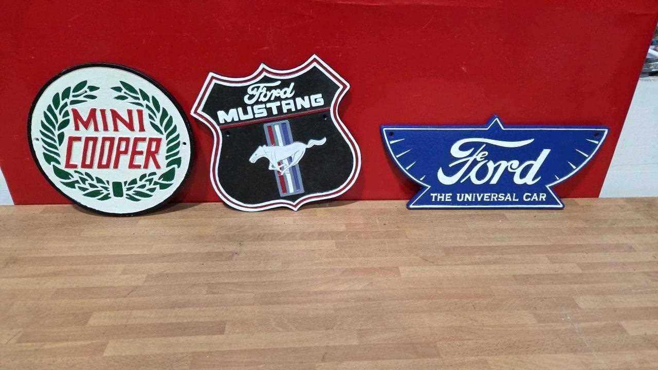 Reproduction Auto Signs Lot 73 - 3 CAST REPRODUCTION CAR SIGNS