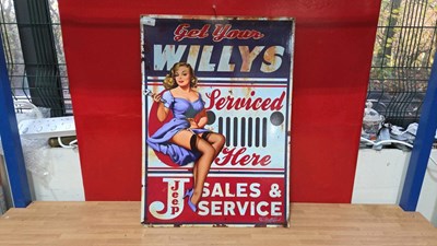 Lot 581 - GET YOUR WILLY'S SERVICED HERE ,REPRODUCTION TIN SIGN 28" X 20"