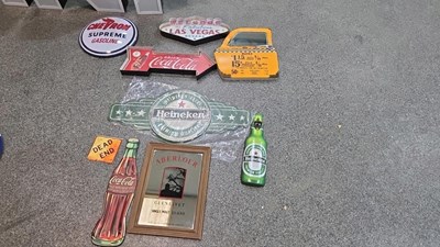 Lot 405 - BOX OF REPRODUCTION TIN SIGNS & ARBELOUR WHISKY MIRROR