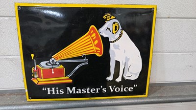 Lot 765 - HIS MASTER'S VOICE REPRODUCTION ENAMEL SIGN 16" X 12"