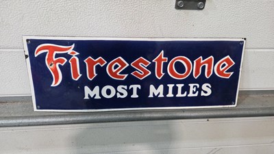 Lot 779 - FIRESTONE MOST MILES REPRODUCTION, ENAMEL SIGN 20" X 7"