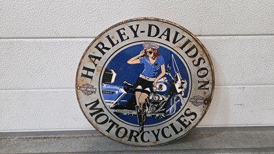 Lot 403 - HARLEY DAVIDSON MOTOR CYCLES REPRODUCTION , ENAMEL SIGN 12" DIA