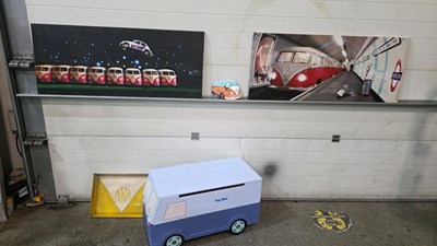 Lot 345 - VW BUNDLE , WOODEN TOY BOX, TRAY ,PICTURES & WALL CLOCK