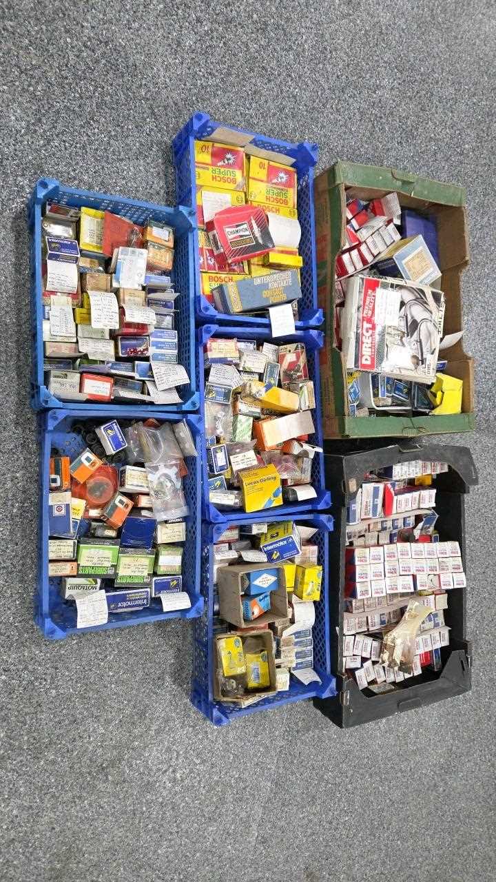 Lot 221 - ASSORTMENT OF CAR ELECTRIC PARTS, PLUGS, ROTOR ARMS, POINTS ETC