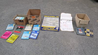 Lot 238 - TIN MICHELIN TYRE PRESSURE SIGN, CASTROL WALL CHART & BOXES OF MANUALS