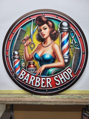 Lot 761 - BARBER SHOP SIGN, MDF 23" DIA