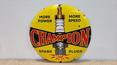 Lot 105 - CHAMPION SPARK PLUGS , REPRODUCTION ENAMEL SIGN 19" DIA