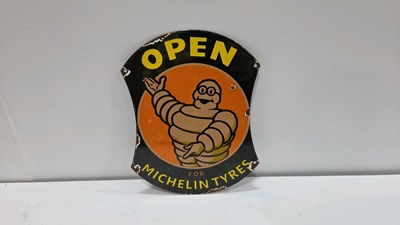 Lot 105 - MICHELIN TYRES OPEN, REPRODUCTION ENAMEL SIGN 14" X 11"