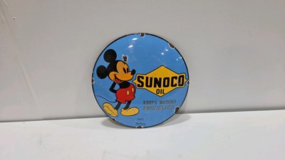 Lot 187 - MICKEY MOUSE SUNOCO OIL, REPRODUCTION ENAMEL SIGN 12" DIA