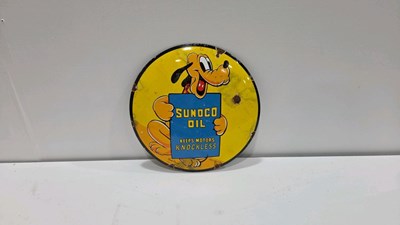 Lot 315 - SUNOCO OIL KEEPS MOTORS KNOCKLESS , REPRODUCTION ENAMEL SIGN 12" DIA