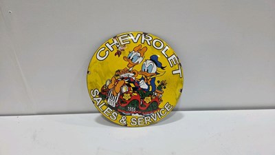 Lot 355 - CHEVROLET SALES & SERVICE , REPRODUCTION ENAMEL SIGN 12" DIA