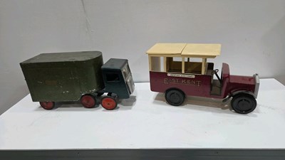 Lot 593 - 2 HAND MADE WOODEN TOYS ( BUS & LORRY )