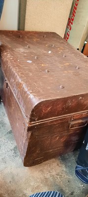 Lot 133 - LARGE BROWN TRUNK WITH AUTOBILIA