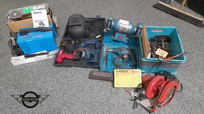 Lot 365 - ARC WELDER WITH VISOR, BENCH GRINDER, & ASSORTED POWER TOOLS