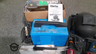 Lot 365 - ARC WELDER WITH VISOR, BENCH GRINDER, & ASSORTED POWER TOOLS