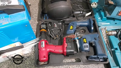 Lot 365 - ARC WELDER WITH VISOR, BENCH GRINDER, & ASSORTED POWER TOOLS