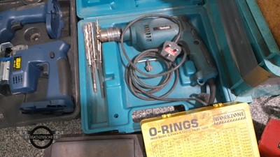 Lot 365 - ARC WELDER WITH VISOR, BENCH GRINDER, & ASSORTED POWER TOOLS