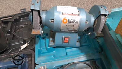 Lot 365 - ARC WELDER WITH VISOR, BENCH GRINDER, & ASSORTED POWER TOOLS