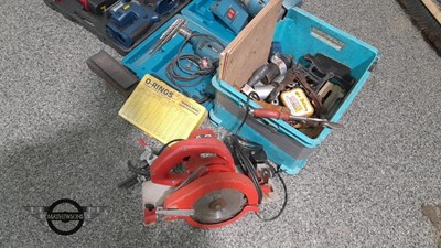 Lot 365 - ARC WELDER WITH VISOR, BENCH GRINDER, & ASSORTED POWER TOOLS