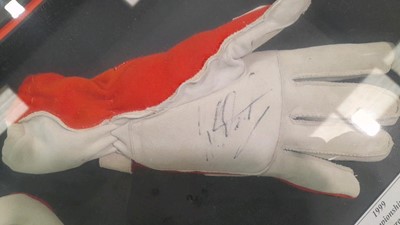 Lot 409 - FRAMED SIGNED FERRARI GLOVES - IRVINE & SCHUMACHER