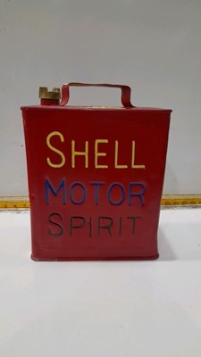 Lot 29 - SHELL MOTOR SPIRIT 2 GALLON PETROL CAN - RED WITH YELLOW, BLUE AND BLACK LETTERS