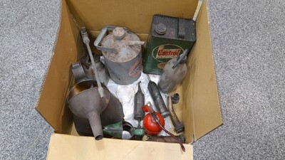 Lot 551 - BOX OF ASSORTED JUGS,TINS,GREASE GUNS ETC