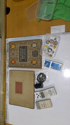 Lot 347 - 3 BOXES OF PLAYING CARDS, BOX OF PIN BADGES AND 2 OLD ROAD ATLAS BOOKS